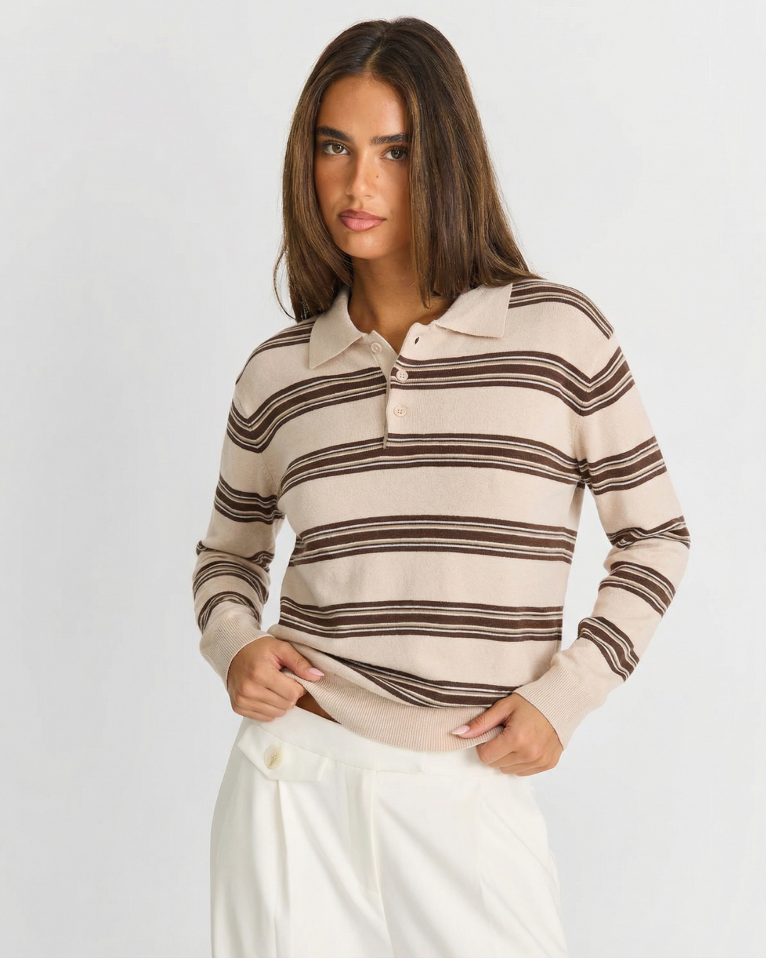 Women's striped polo knit sweater, relaxed fit long-sleeve pullover. Comfortable & versatile for casual wear.