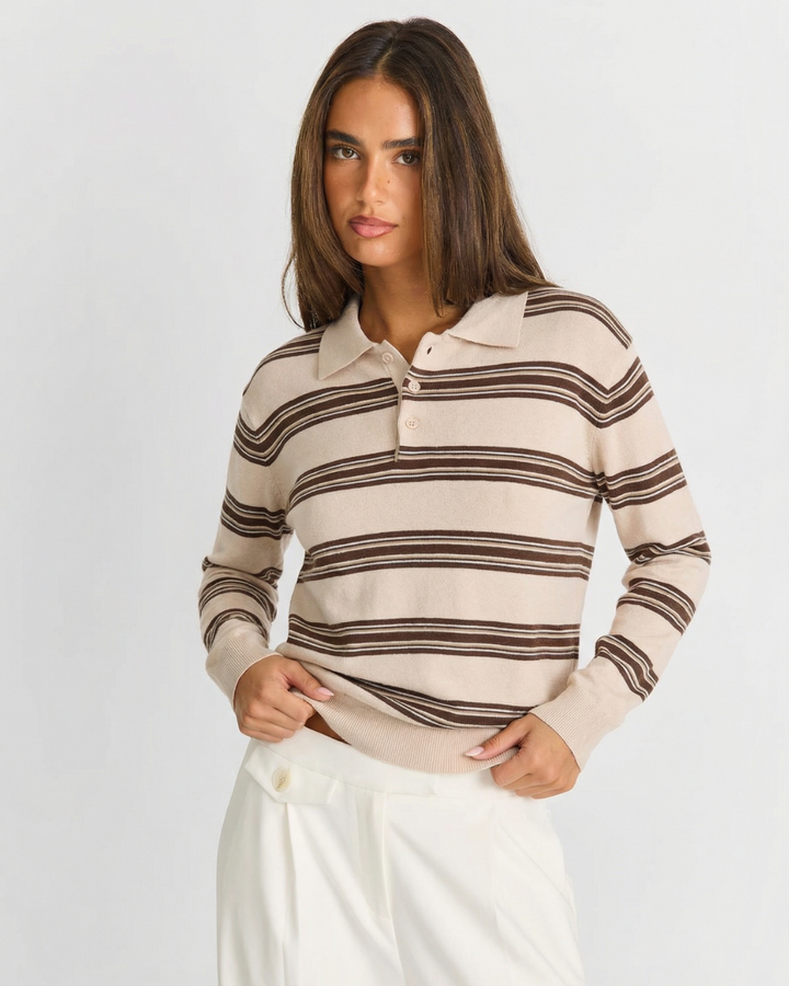 Women's striped polo knit sweater, relaxed fit long-sleeve pullover. Comfortable & versatile for casual wear.