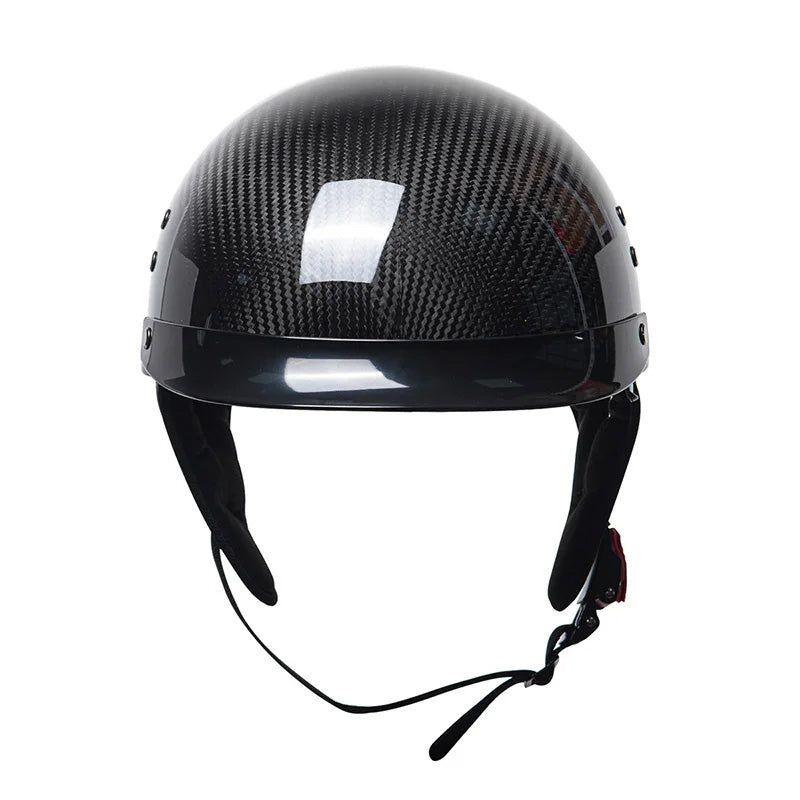 Lightweight carbon look half-face helmet for bikers; unisex retro design for comfort & protection.