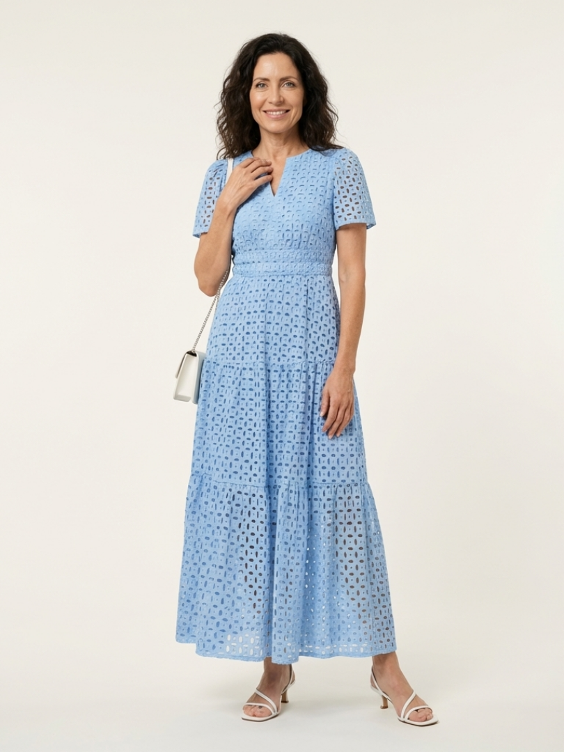 Sky blue V-neck short sleeve tiered midi dress with smocked waist, perfect for summer casual wear.