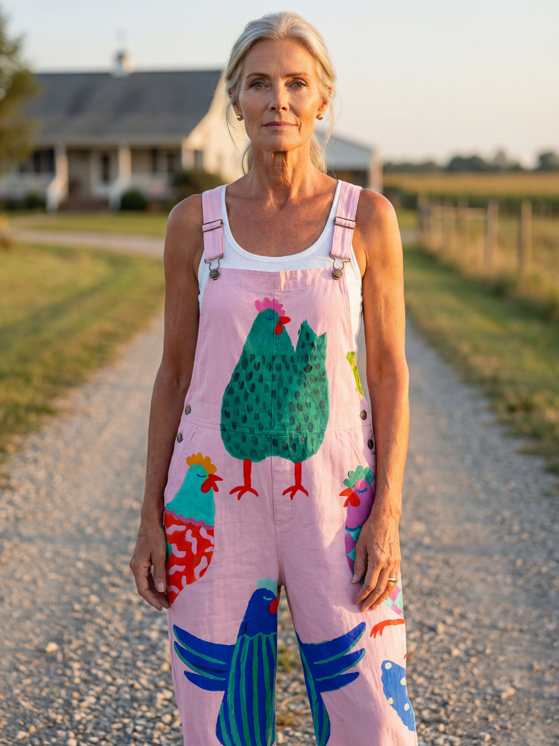 Women's relaxed fit pink jumpsuit with fun hen motif print, perfect for casual summer fashion or vacation wear.