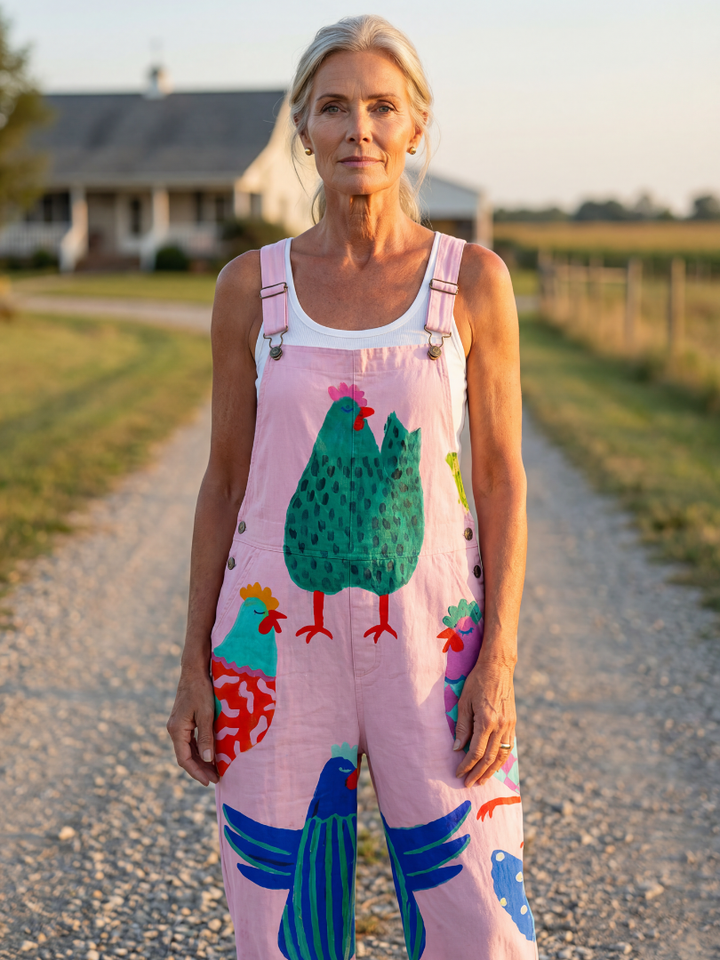 Women's relaxed fit pink jumpsuit with fun hen motif print, perfect for casual summer fashion or vacation wear.