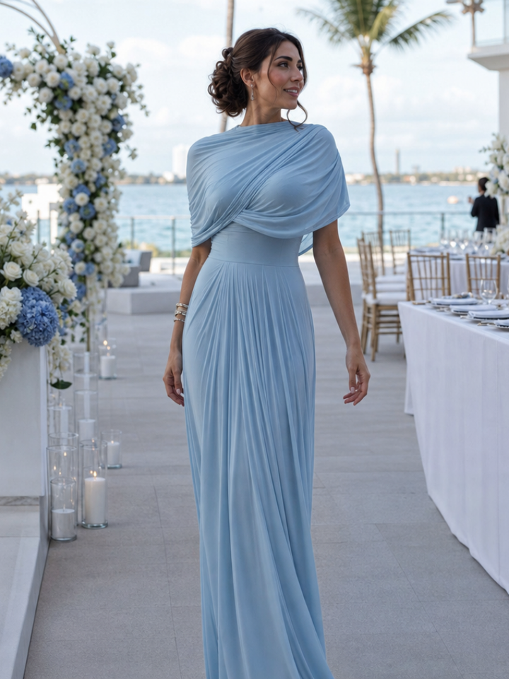 Elegant women's one-shoulder draped maxi dress with pleated skirt, perfect for formal occasions.