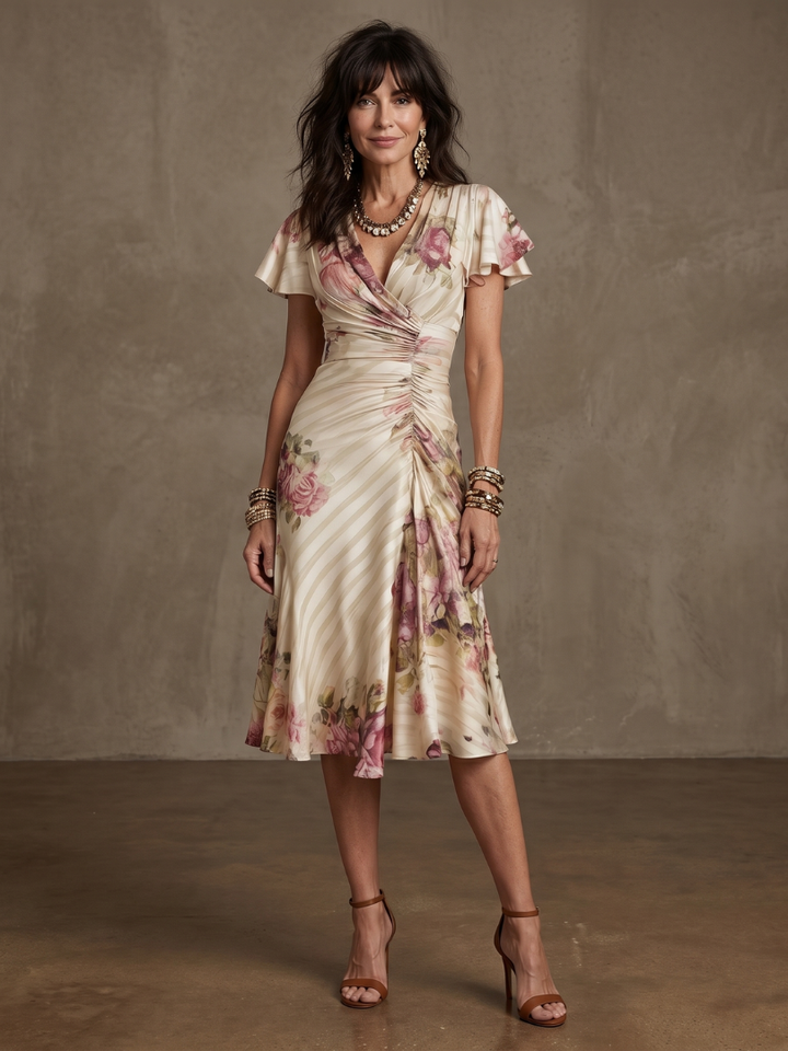 Elegant women's floral print wrap midi dress with ruched detailing, perfect for spring/summer occasions.