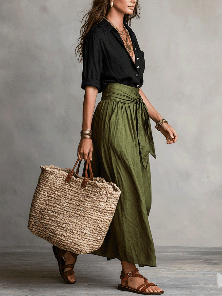 Bohemian women's holiday wear co-ord set, a comfortable and chic flowing skirt and top outfit.