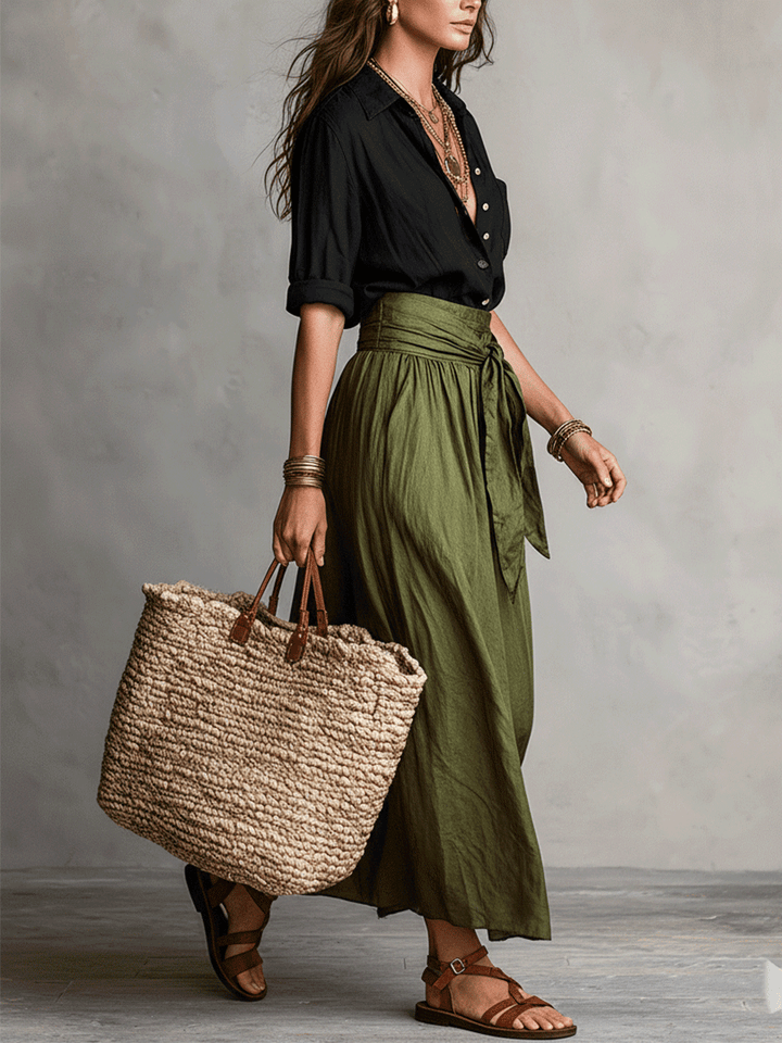 Bohemian women's holiday wear co-ord set, a comfortable and chic flowing skirt and top outfit.