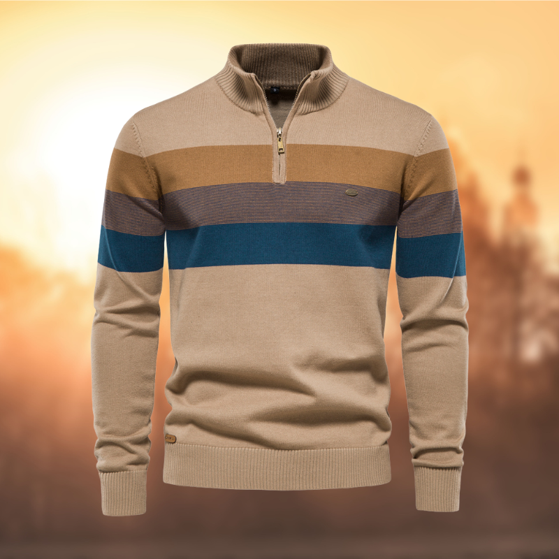 Stylish men's striped long-sleeve half-zip sweater. A versatile casual pullover with a comfortable mock neck.