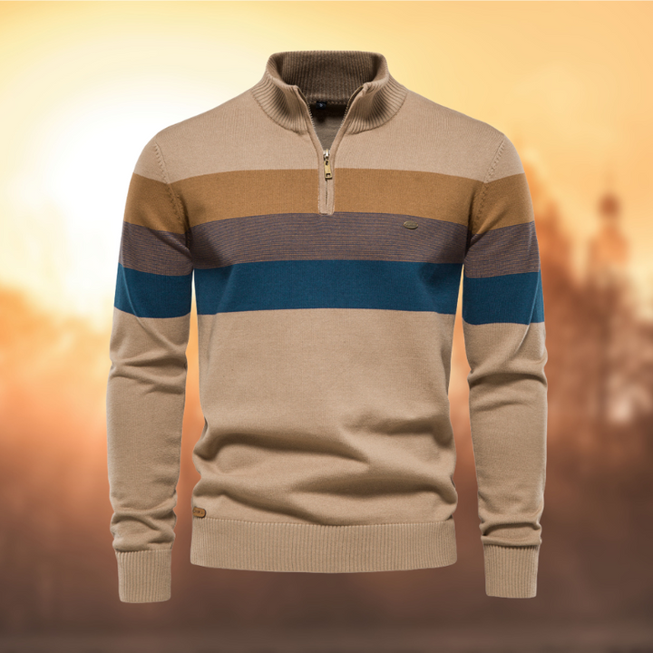 Stylish men's striped long-sleeve half-zip sweater. A versatile casual pullover with a comfortable mock neck.