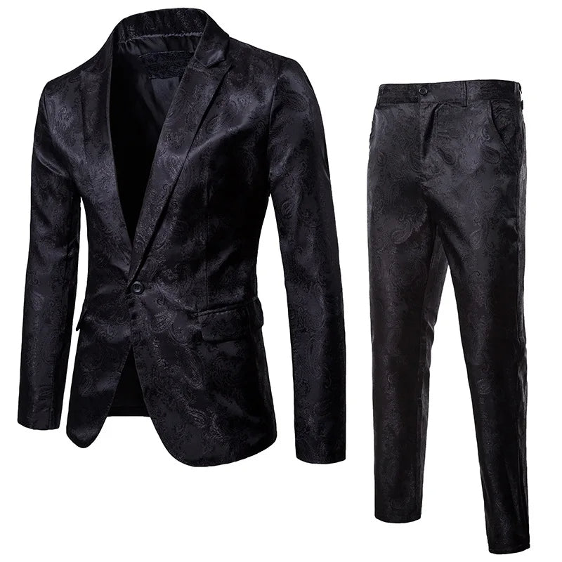 Men's slim fit jacquard suit set with formal blazer and trousers, perfect for weddings & proms.