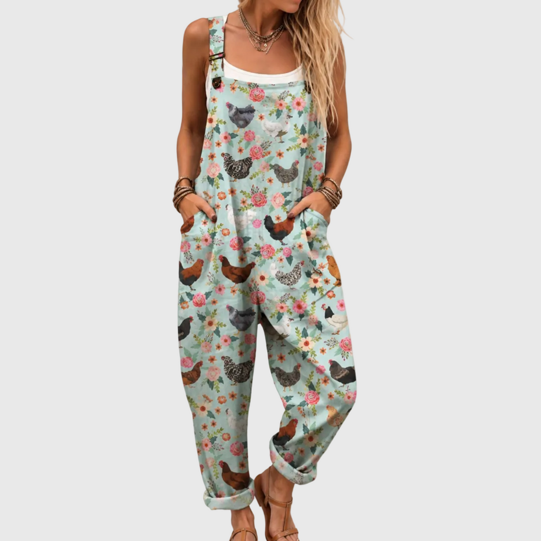 Women's loose fit floral chicken pattern jumpsuit with practical pockets, ideal for casual summer wear.