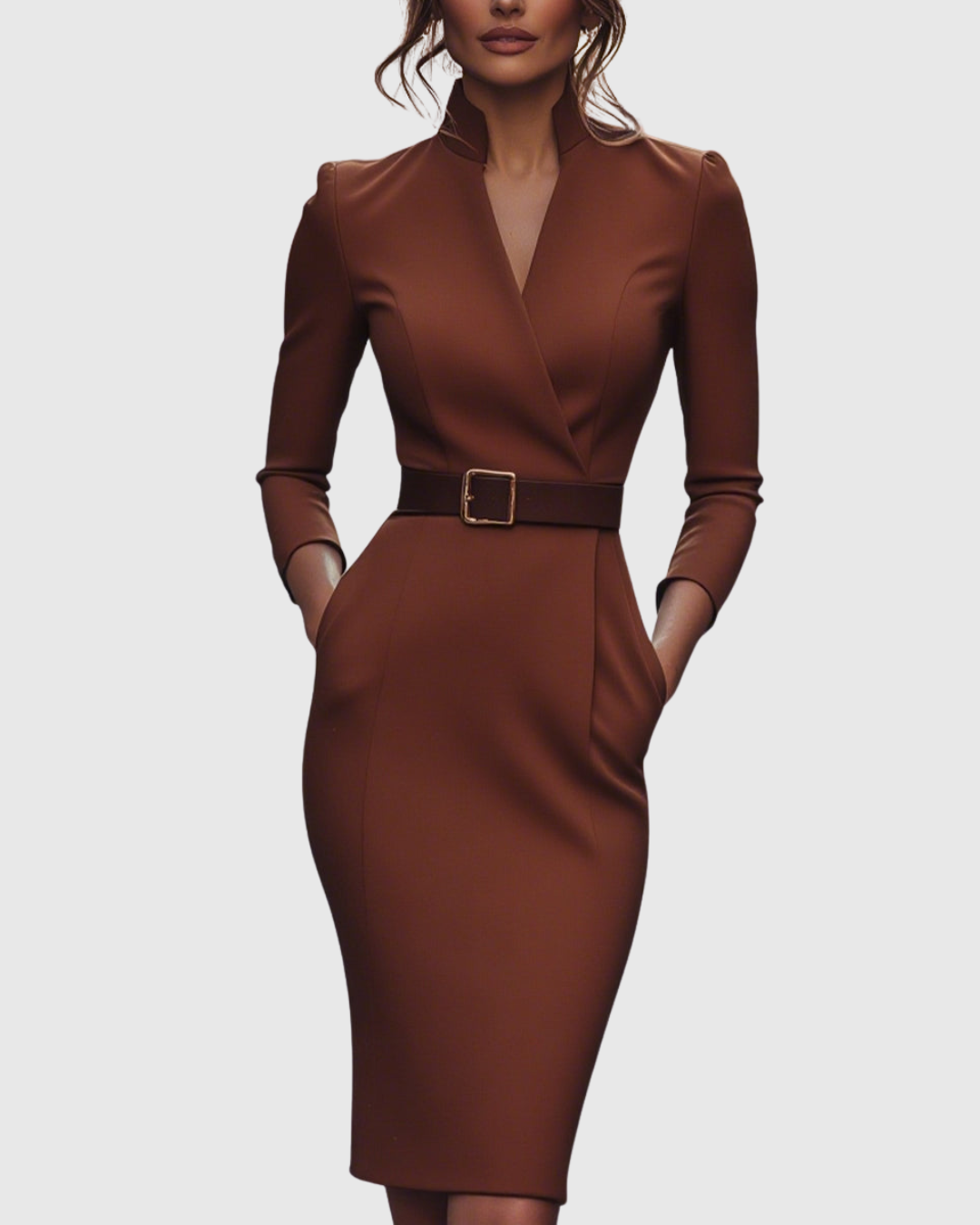 Women's formal wear midi dress, a flattering mock wrap silhouette and a chic belted waist.