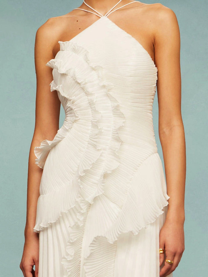 Flowy pleated sleeveless maxi dress, chic & comfortable for formal occasions.
