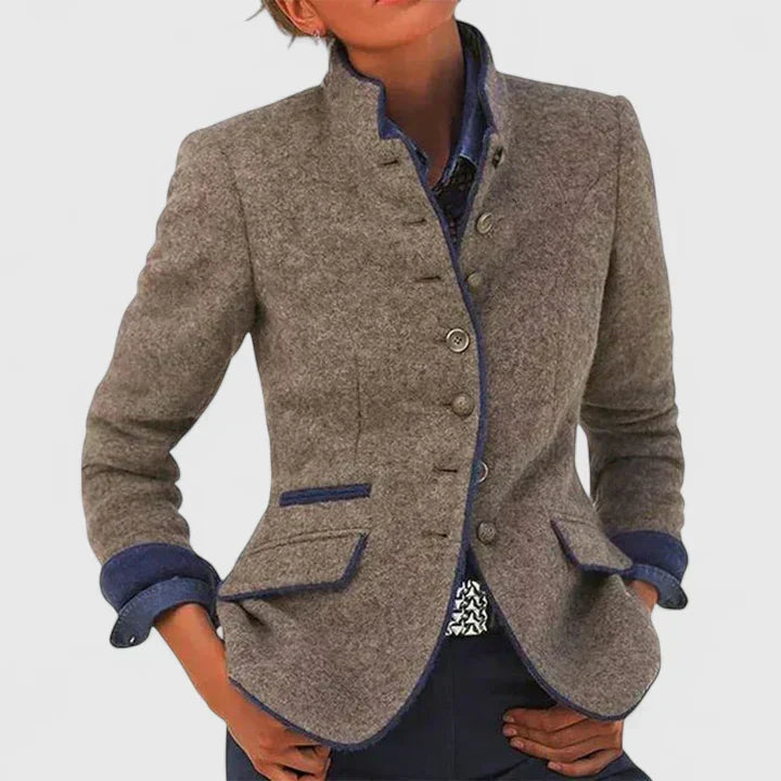 Comfortable women's long sleeve cardigan with a stylish high collar, perfect for winter fashion.