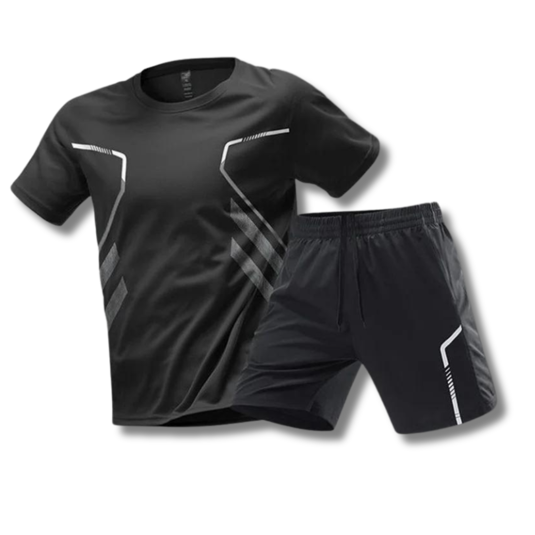 Men's premium performance workout set (top & shorts) in a sleek design. Offers comfort, flexibility, and durability.