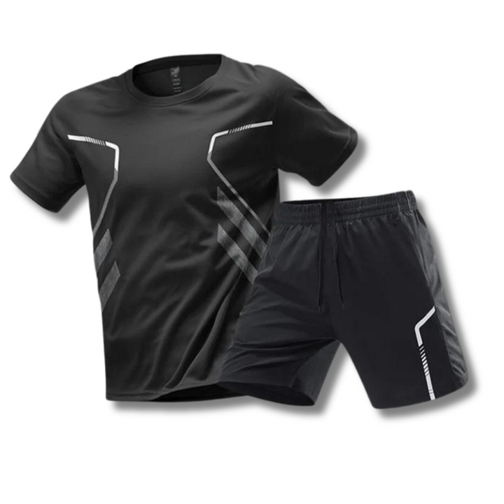 Men's premium performance workout set (top & shorts) in a sleek design. Offers comfort, flexibility, and durability.