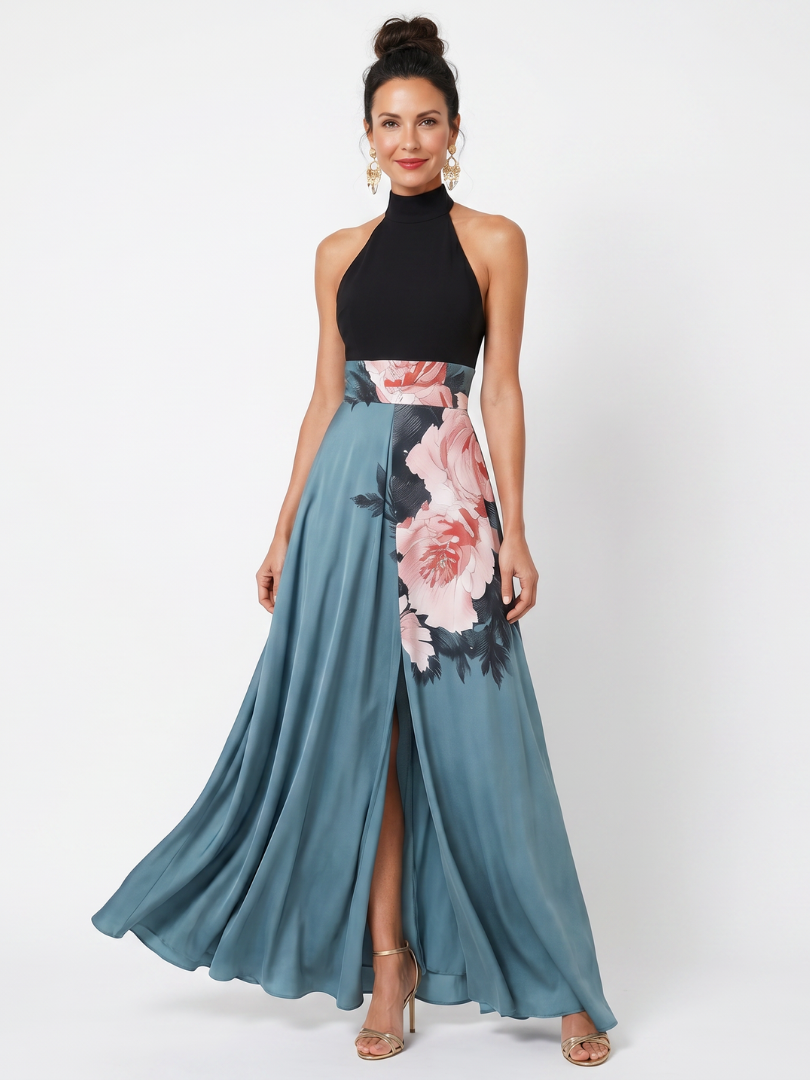 Elegant women's halter floral maxi dress with front slit, perfect for summer parties & special occasions.