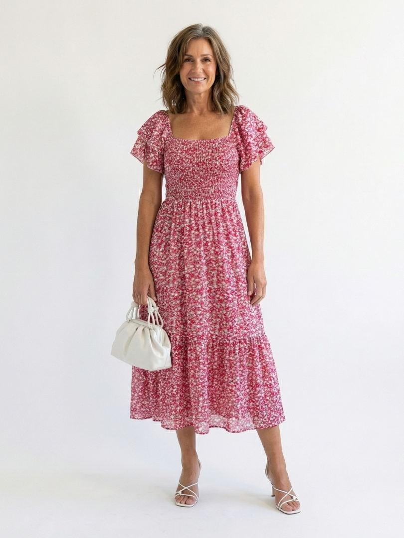 Women's off shoulder floral smocked midi dress, perfect for summer. Elegant casual day dress with puff sleeves.