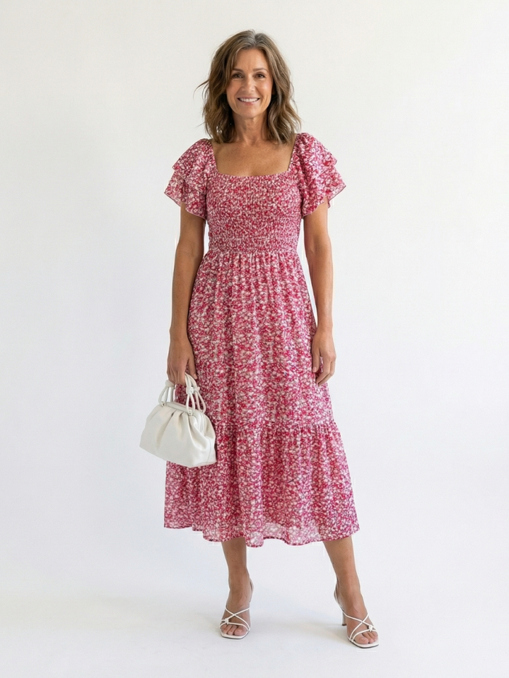 Women's off shoulder floral smocked midi dress, perfect for summer. Elegant casual day dress with puff sleeves.