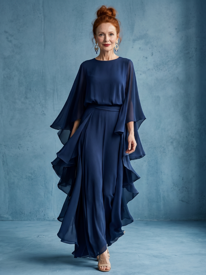 Elegant navy midi dress for women, featuring chic layered sleeves and a flattering drape waist. Perfect for sophisticated comfort.