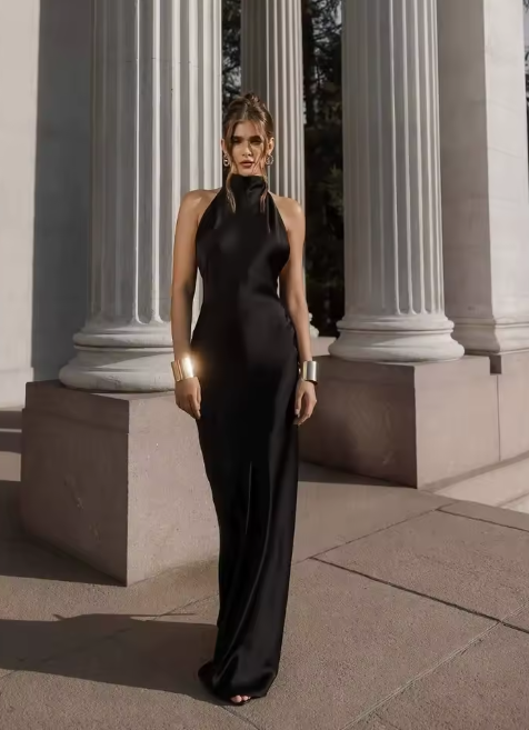 Elegant women's cowl neck maxi dress, perfect for evening wear & special occasions. Sophisticated formal gown.