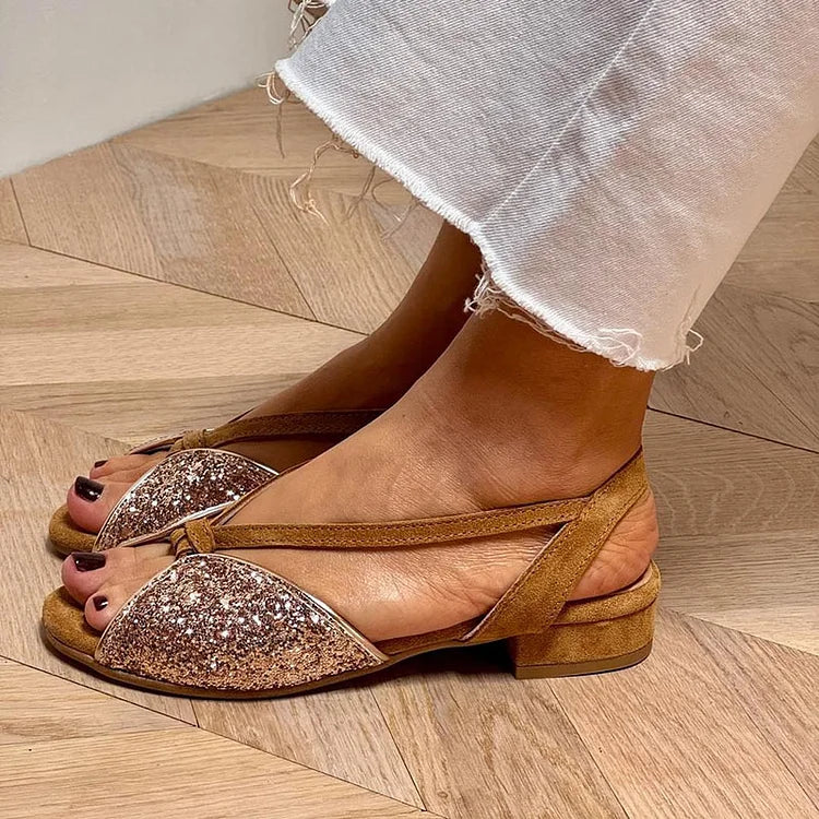 Comfortable brown women's strappy sandals with subtle glitter, ideal for elegant casual summer footwear and flats.