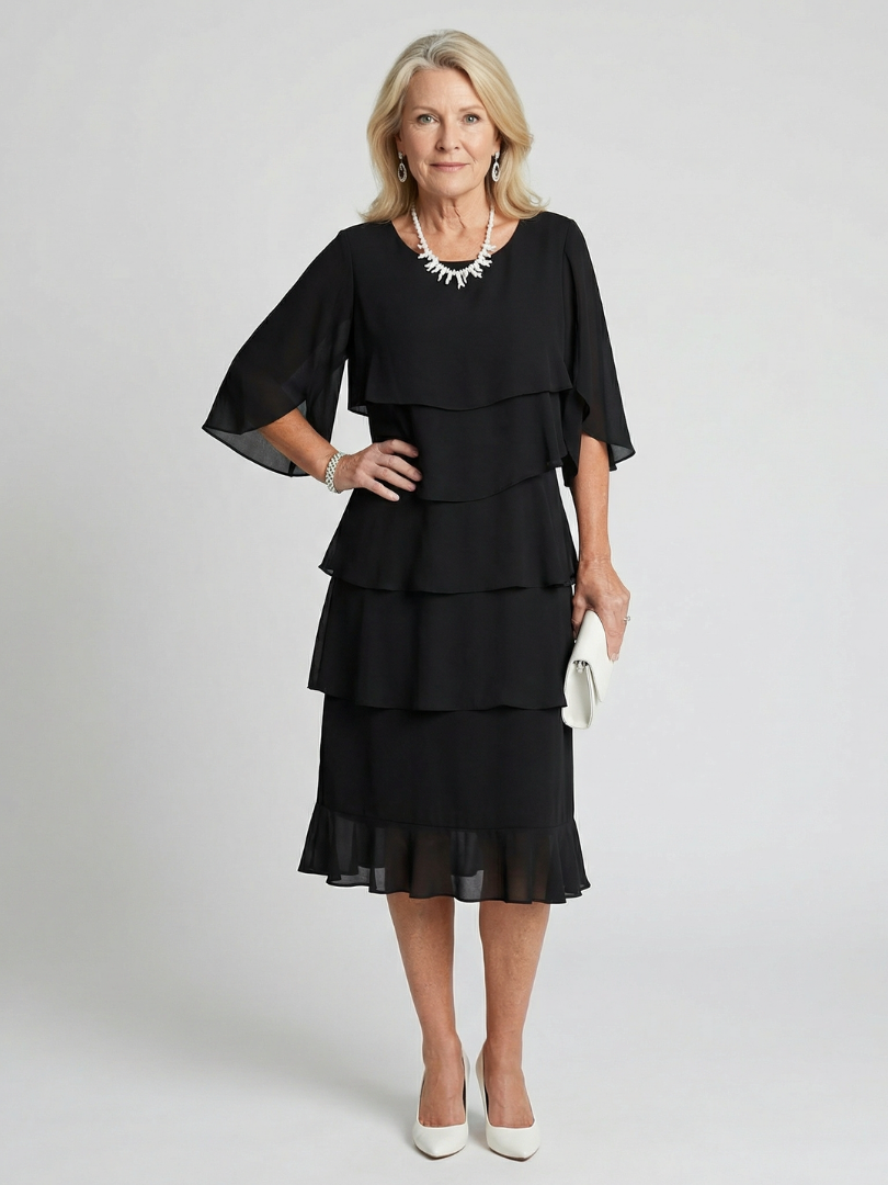 Women's layered tier midi dress with short sleeves, perfect for summer casual wear.