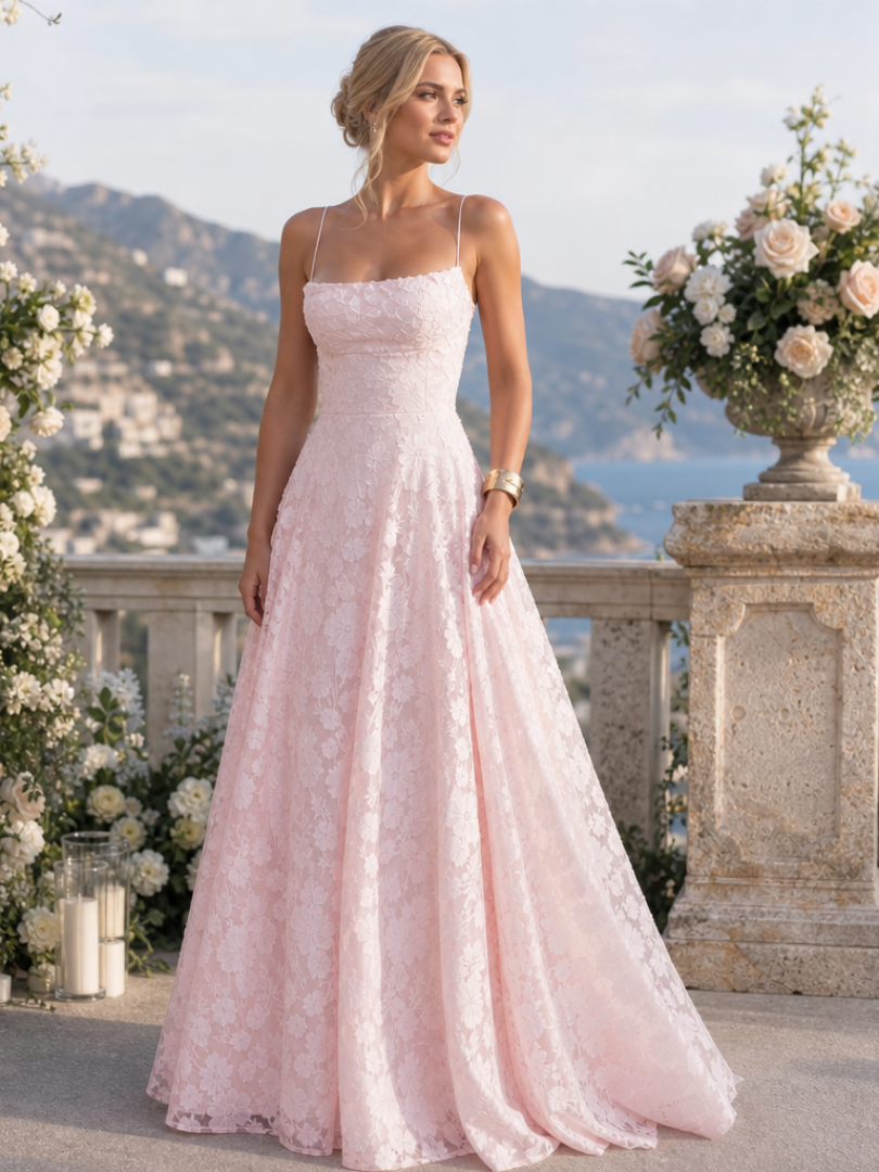 Elegant women's spaghetti strap full lace maxi dress in a flowy design, perfect for formal events & parties.