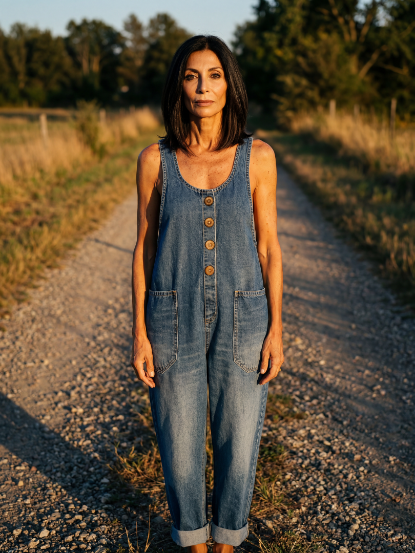 Women's navy relaxed fit jumpsuit with unique rooster motif print, perfect for casual comfort wear.