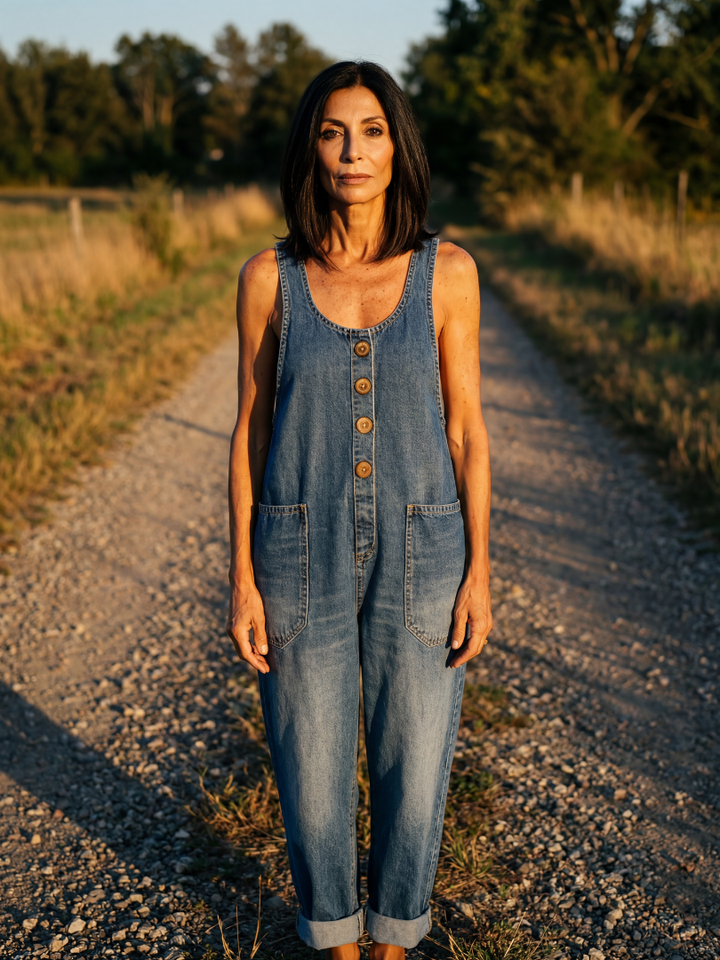 Women's navy relaxed fit jumpsuit with unique rooster motif print, perfect for casual comfort wear.