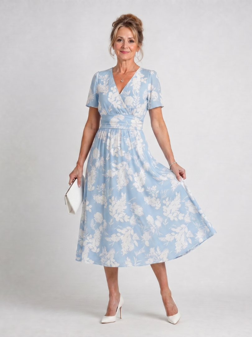 Women's floral print midi dress with short sleeves & V-neck. Perfect for summer casual wear.