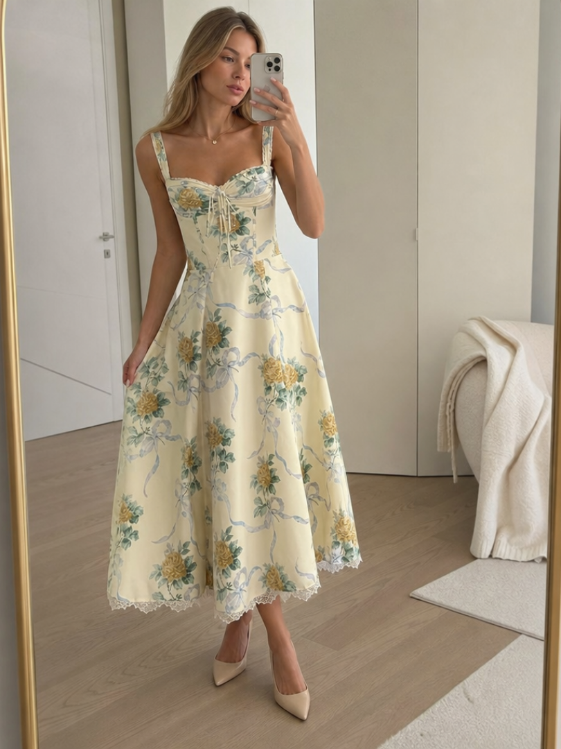 Women's elegant midi dress with a structured corset bodice and flowing gathered skirt.