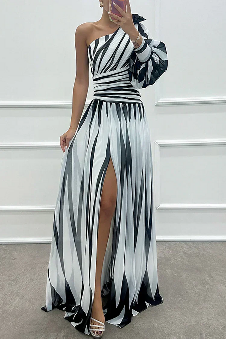 Women's elegant striped one-shoulder maxi dress with a stylish leg slit. Perfect for evening parties & formal events.