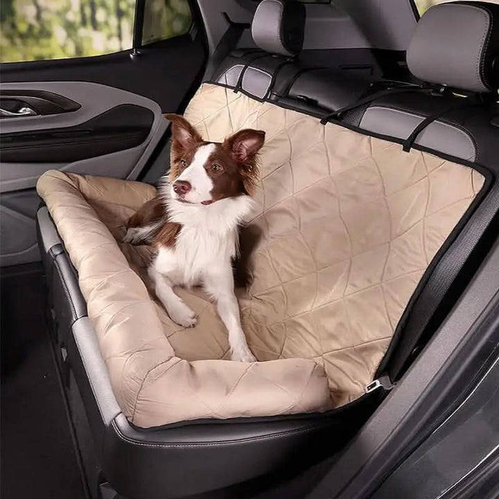 Waterproof & anti-slip quilted dog car seat cover for rear seats. Durable pet travel protector, easy to clean.