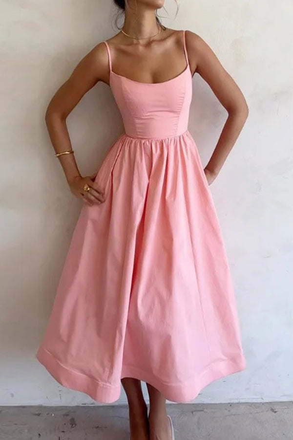 Elegant Women's U-Neck Midi Evening Dress with a flowing flared skirt, perfect for parties & formal occasions.