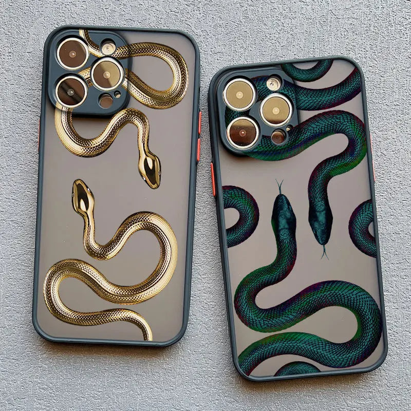 Close-up of a sleek black snake pattern phone case, highlighting its texture and slim design.
