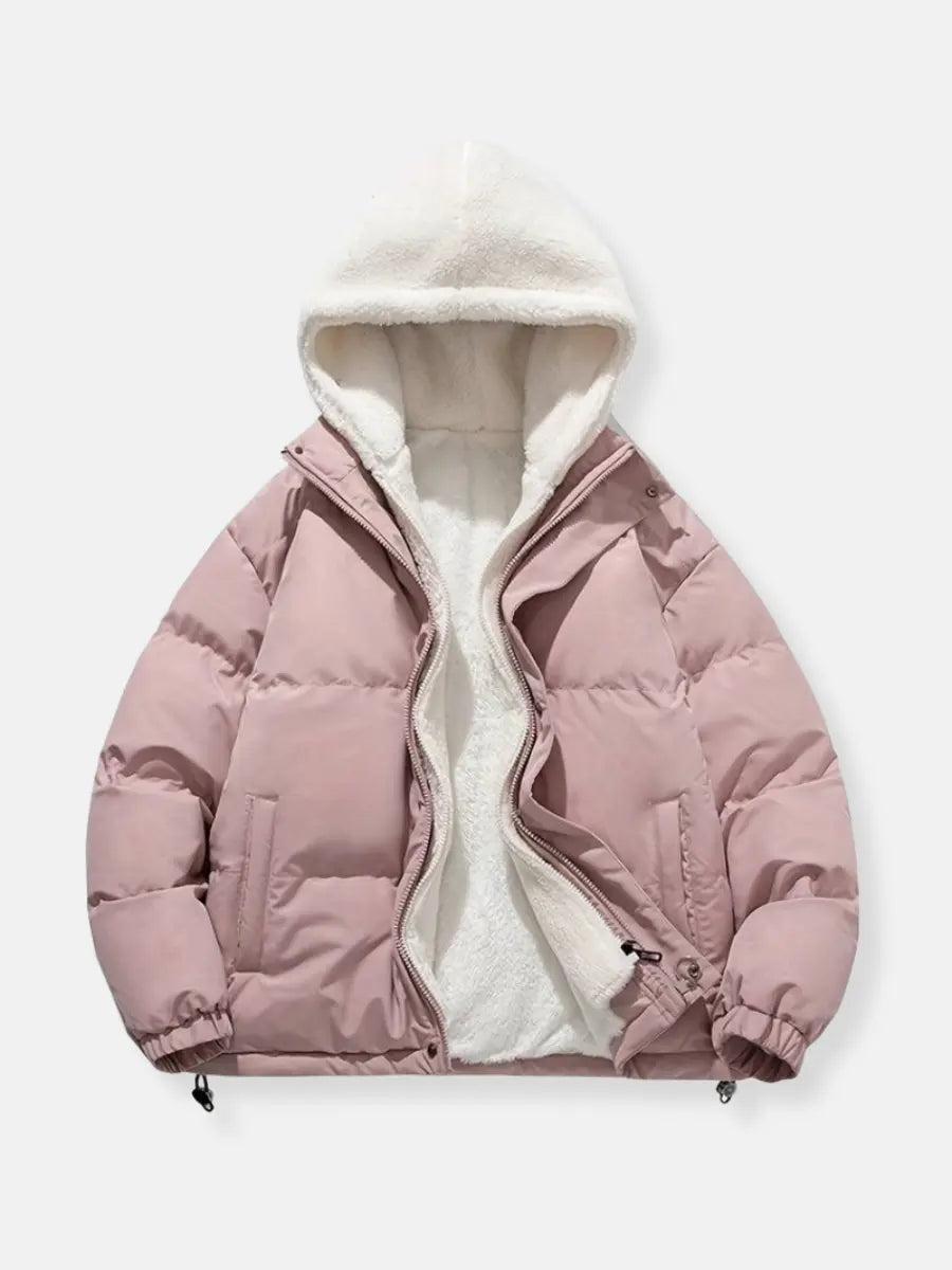 Red hooded puffer jacket for women, offering warm outerwear & a stylish look for cold weather.