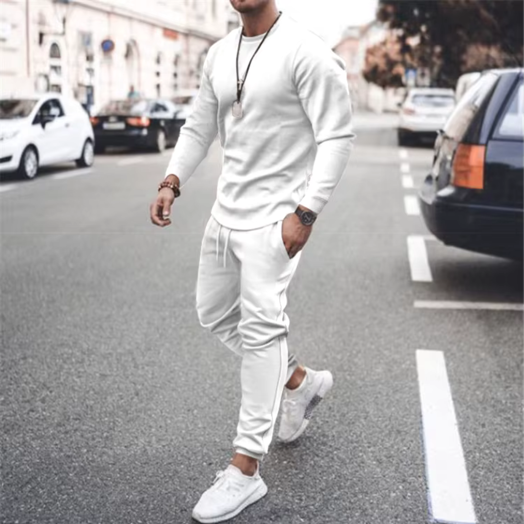Easy-wear men's casual cotton two-piece set; soft long sleeve top and relaxed fit pants for comfort.