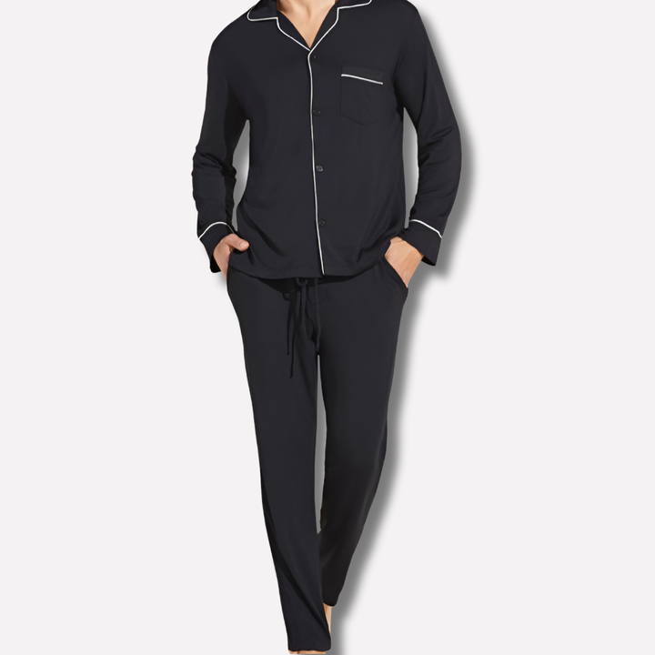 Relaxed fit men's cotton button-up long-sleeve pyjama top & pants, perfect nightwear & sleepwear set.