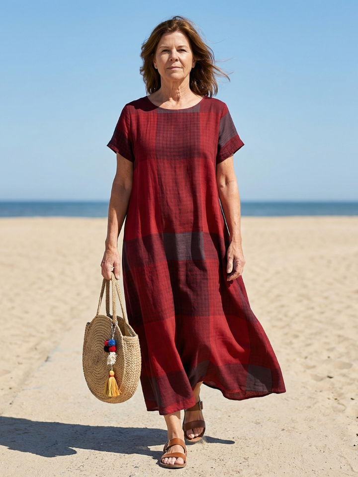 Women's relaxed fit plaid midi dress in burgundy with short sleeves, perfect for casual everyday wear.