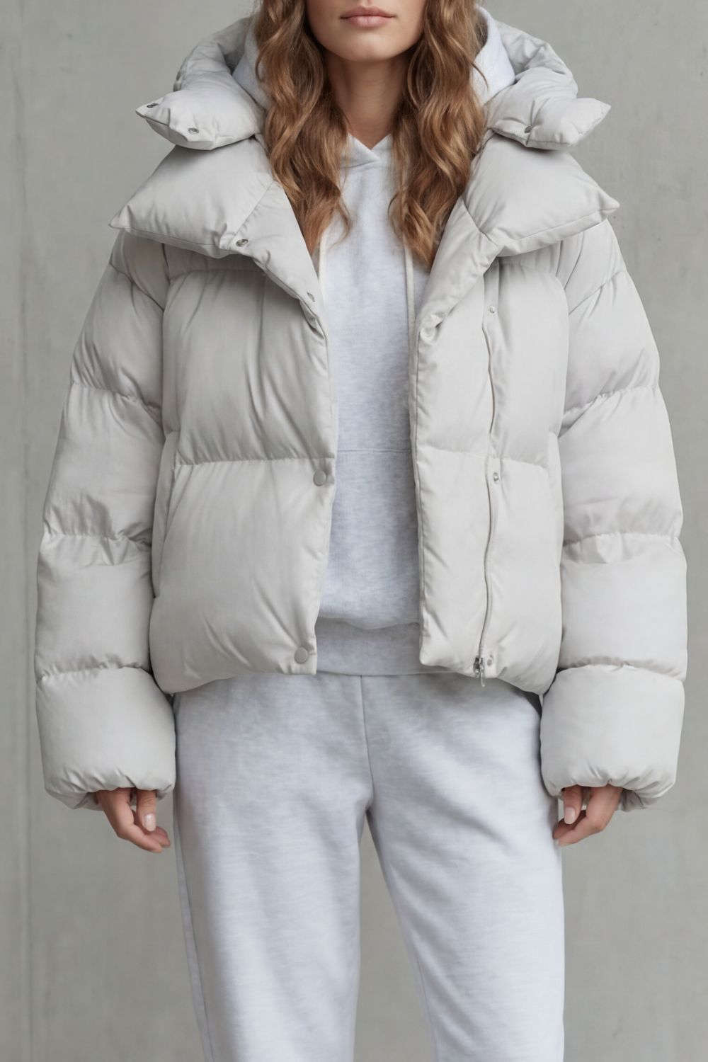 Women's cream cloud-soft cropped puffer jacket for stylish winter warmth. Cozy casual outerwear.