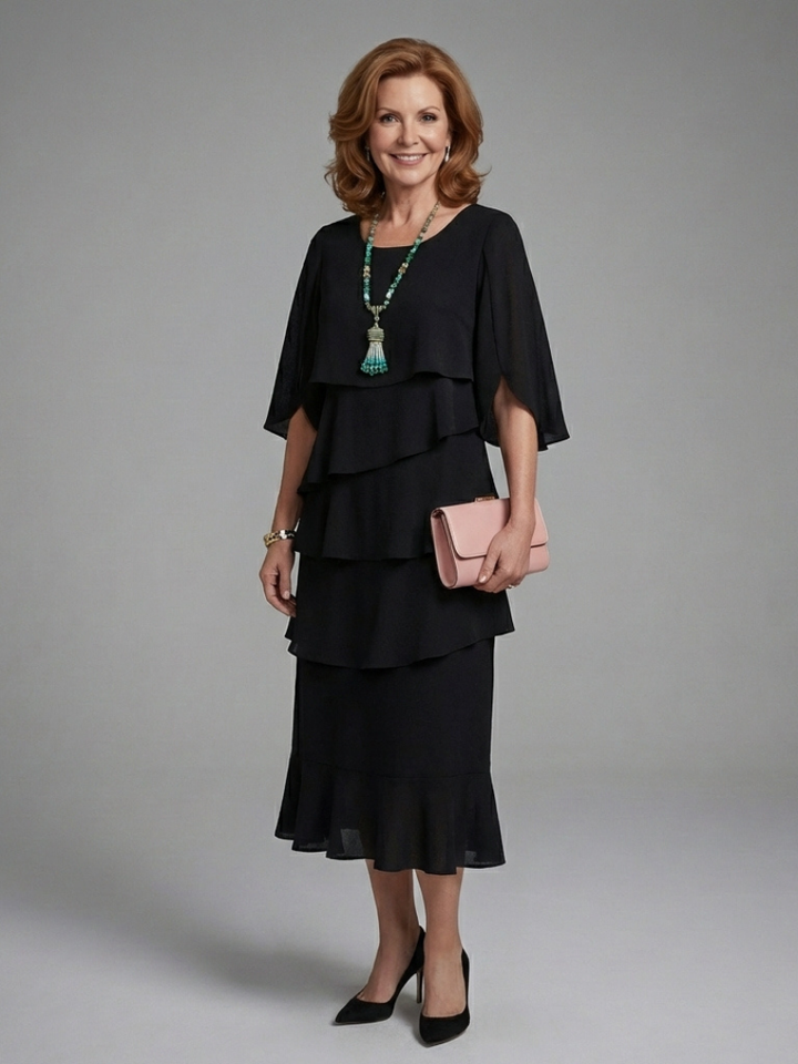Elegant women's Maelis black midi dress with layered cape sleeves. Perfect for evening wear & special occasions.