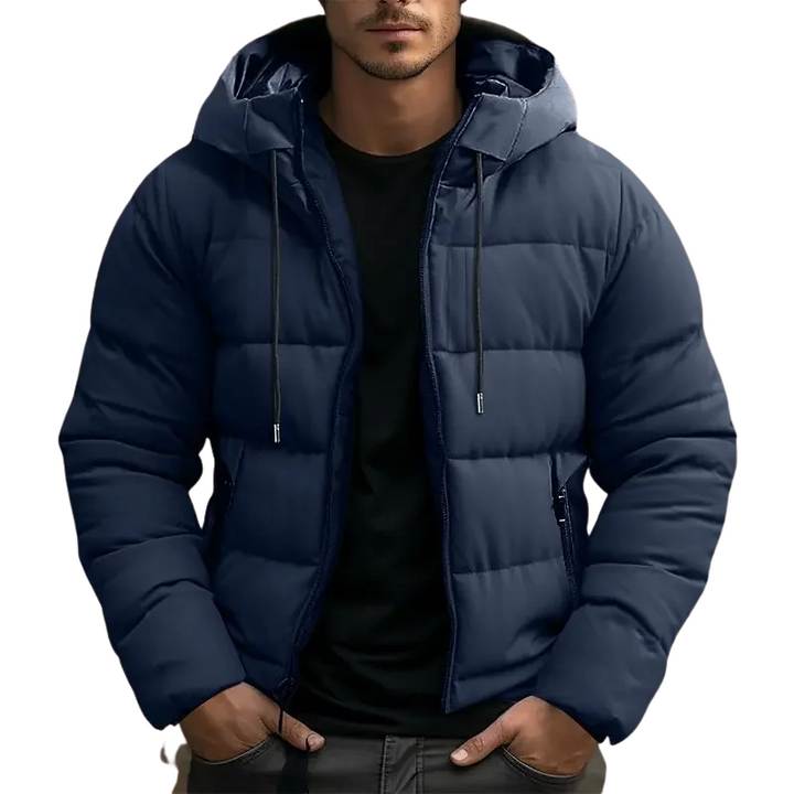 Men's hooded quilted puffer jacket for winter warmth & style.