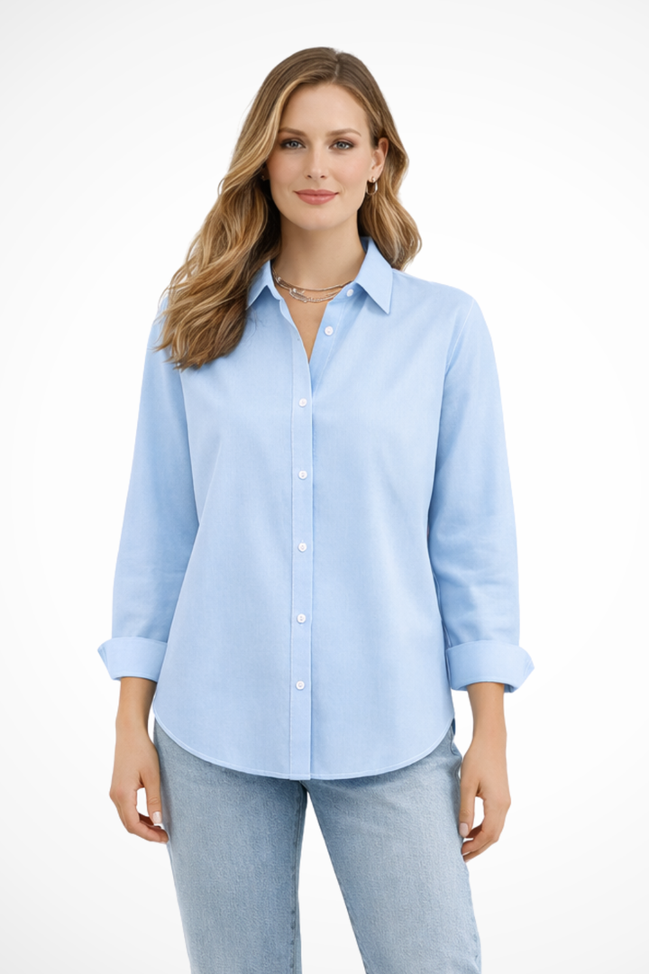 Sophisticated women's long sleeve collared shirt, relaxed fit button down, suitable for office & casual outings.