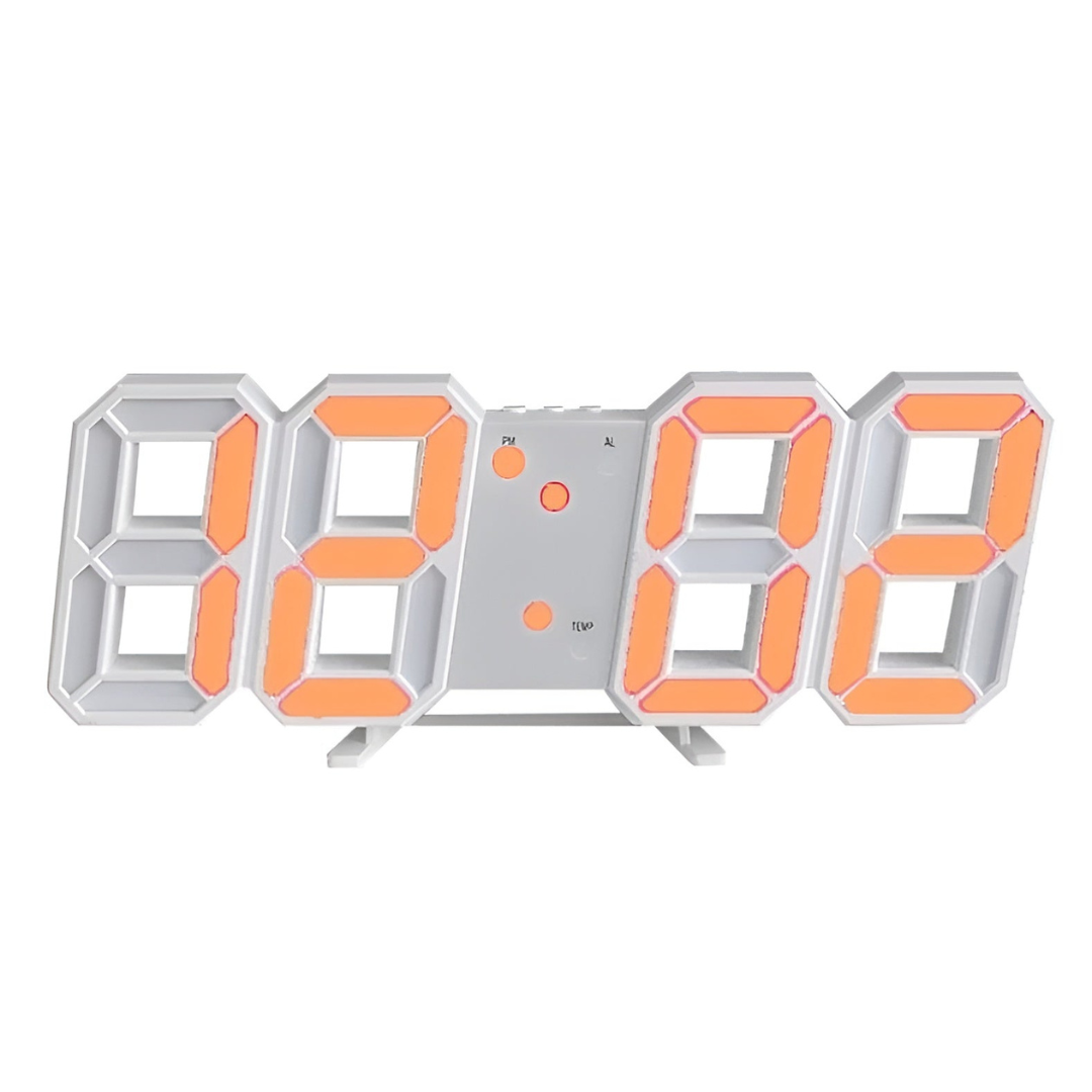 Modern futuristic LED wall clock. Smart digital display for time, temperature, date. Minimalist home decor.