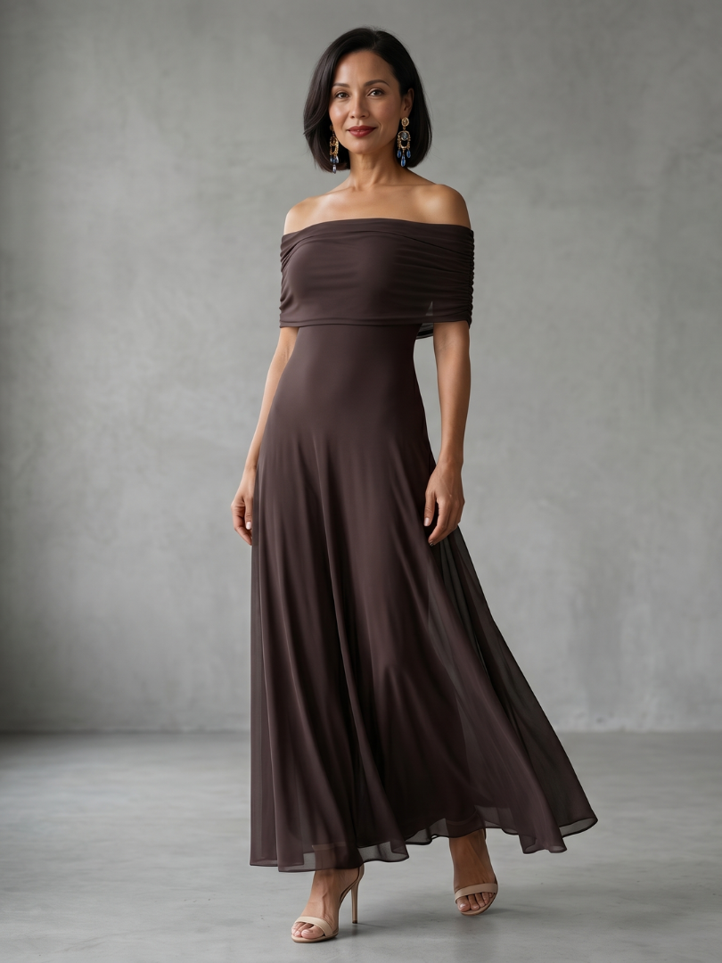 Elegant black off-shoulder draped midi dress for women, perfect for evening wear & cocktail parties.