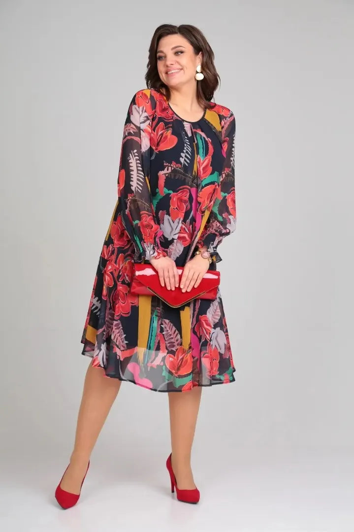 Women's bold floral print long sleeve midi dress. Elegant & flowy, perfect for spring/summer occasions.