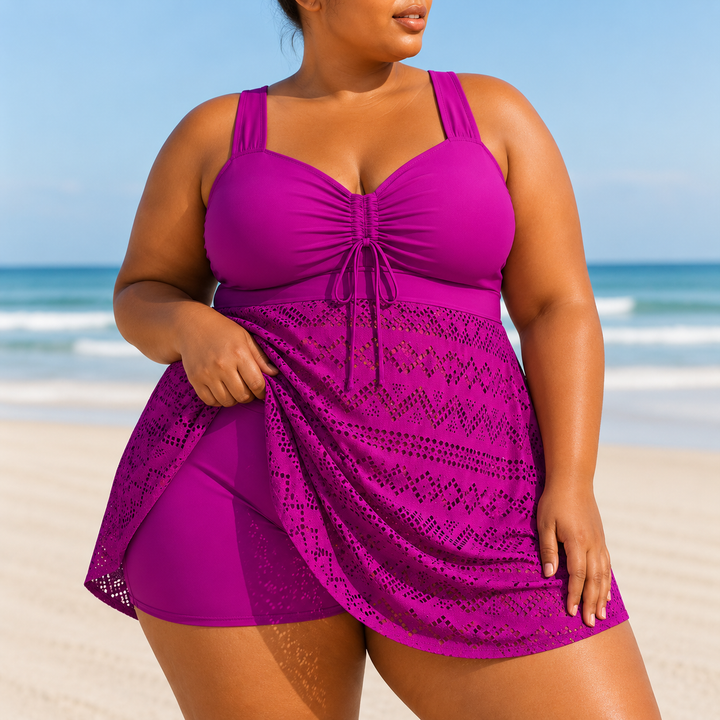 Women's Plus Size Refined Swim Dress. Elegant & comfortable beachwear. Perfect flattering curvy swimwear.
