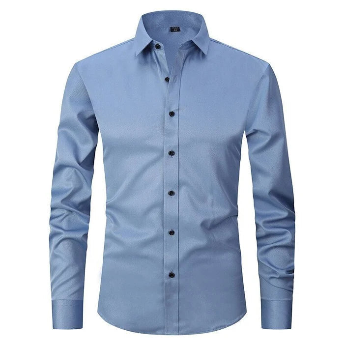 Detail shot of the buttons on a men's versatile stretch dress shirt, suitable for formal or casual wear.