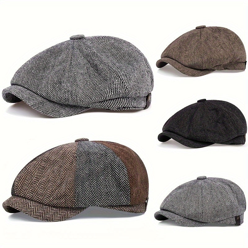 Men's retro flat cap, classic herringbone pattern, vintage look accessory.