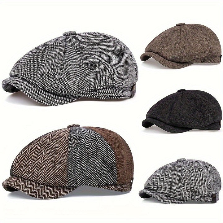 Men's retro flat cap, classic herringbone pattern, vintage look accessory.